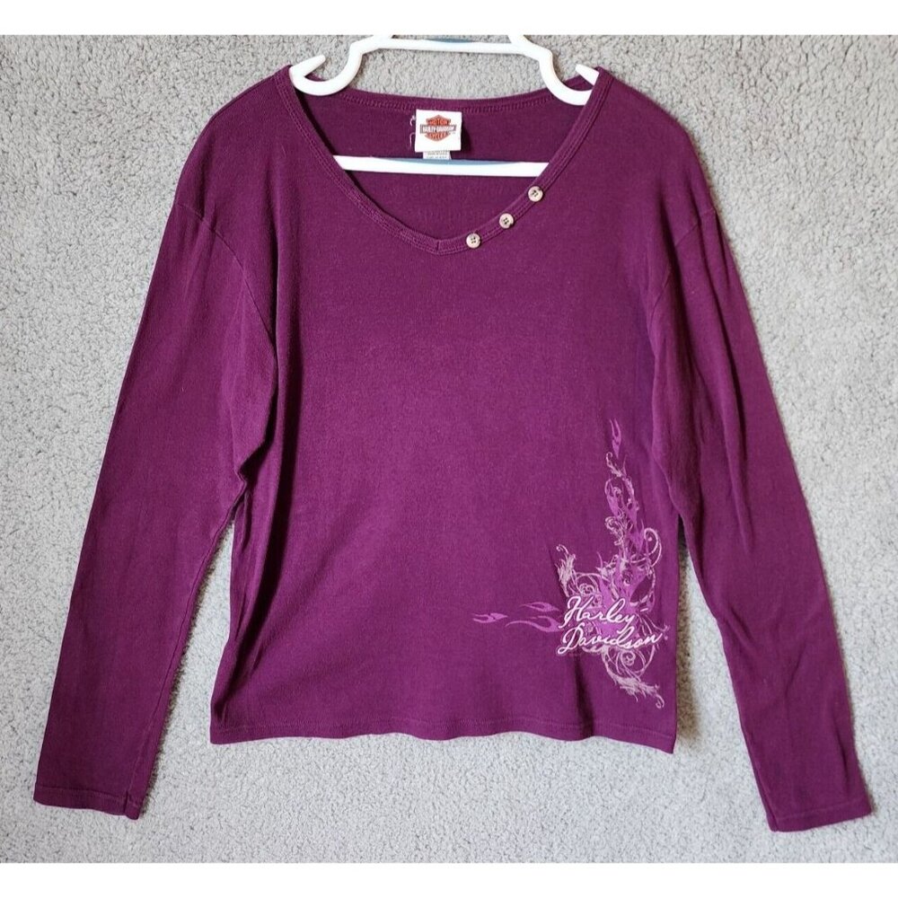 Harley Davidson Women’s Button Accent V-Neck Graphic Long Sleeve Shirt Purple XL